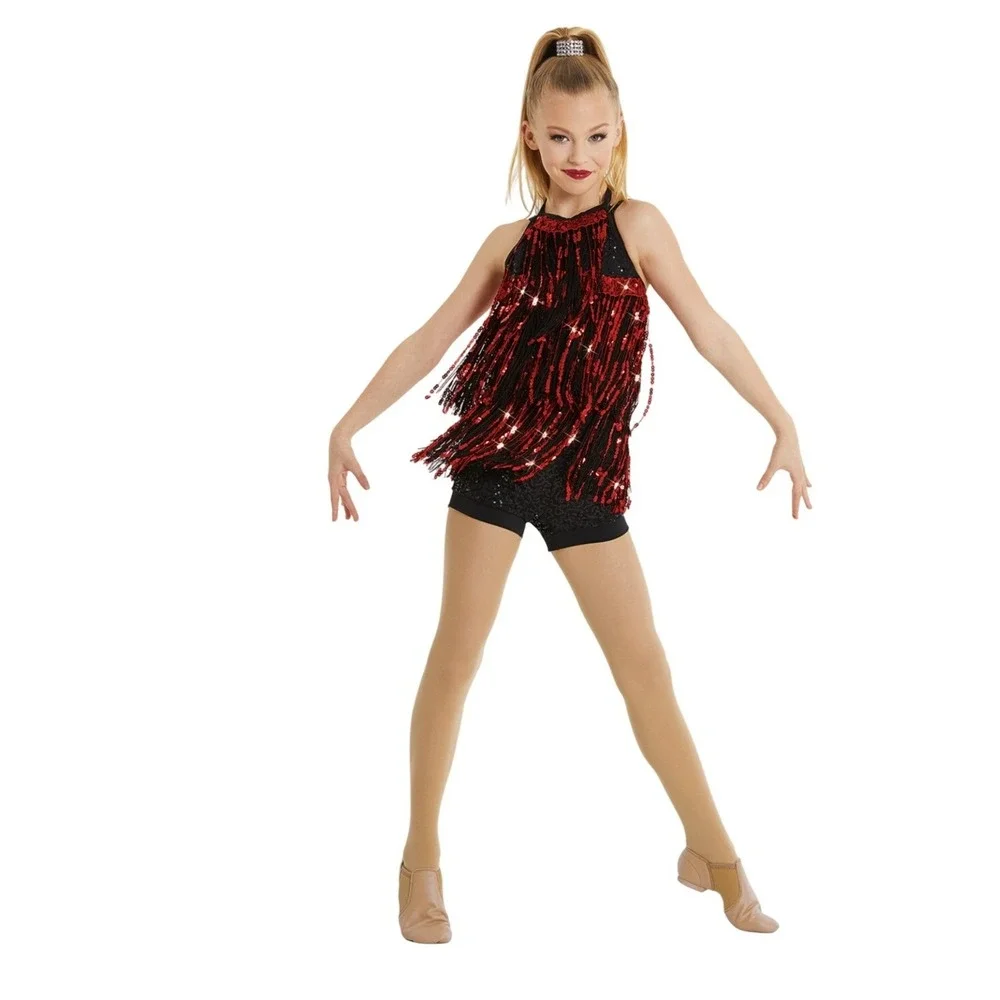 Weissman Kids Dance Costume Sequin Fringe‎ Leotard Black Red Sparkle Performance